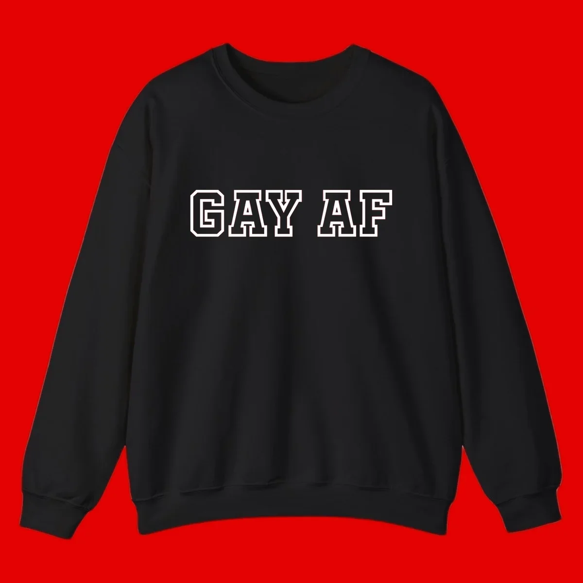 Bold white outlined block letters spelling 'GAY AF' in varsity athletic style on gray background