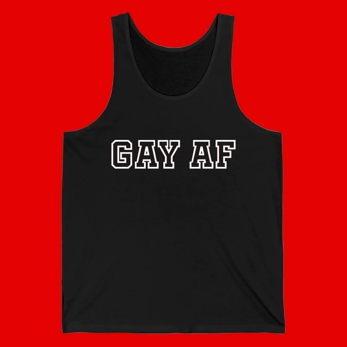 Bold white outlined block letters spelling 'GAY AF' in varsity athletic style on gray background