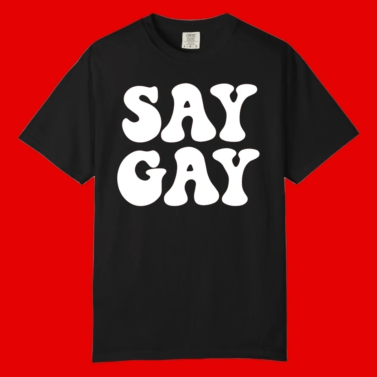 Say Gay Pride design with bold white letters featuring organic rounded typography on gray background