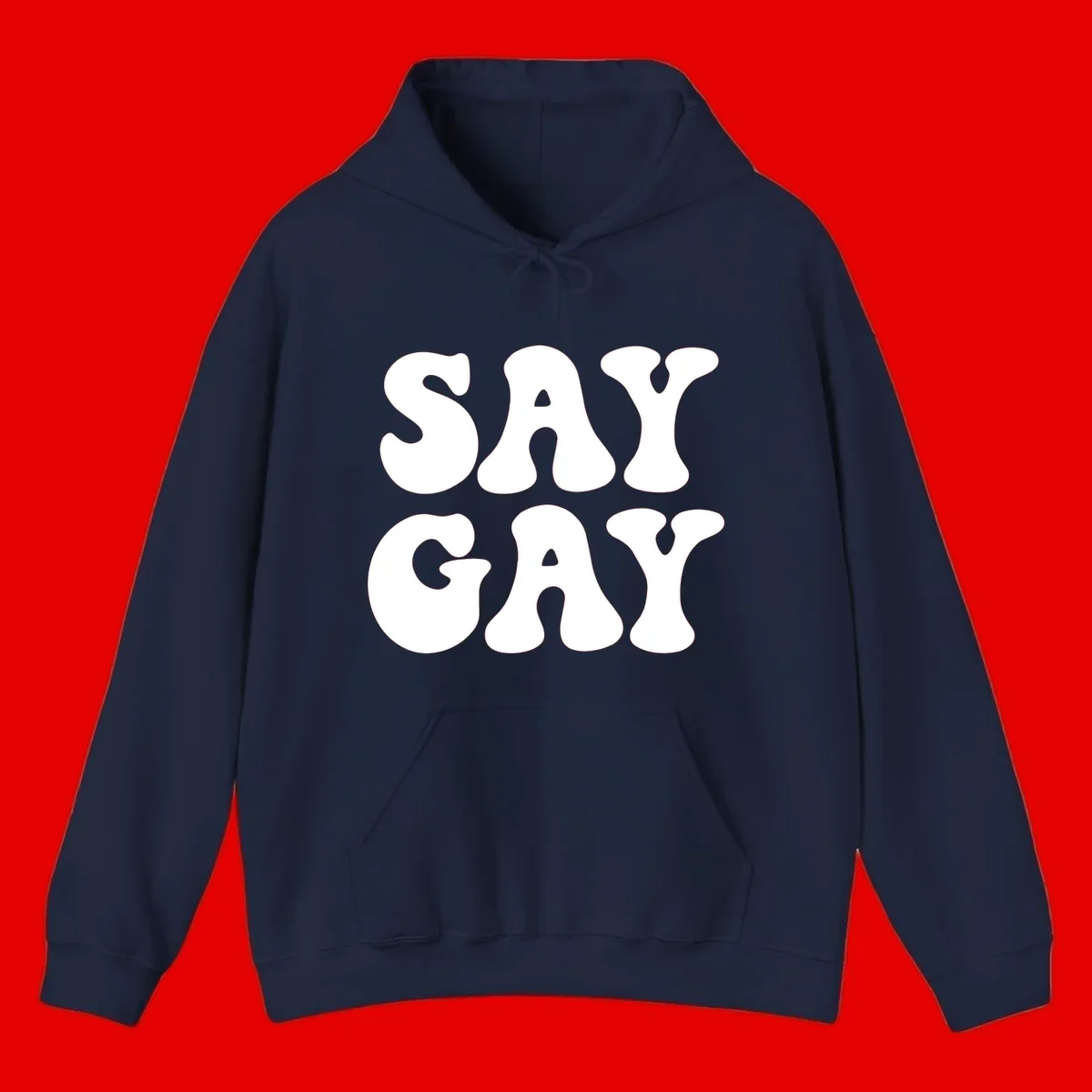 Say Gay Pride design with bold white letters featuring organic rounded typography on gray background