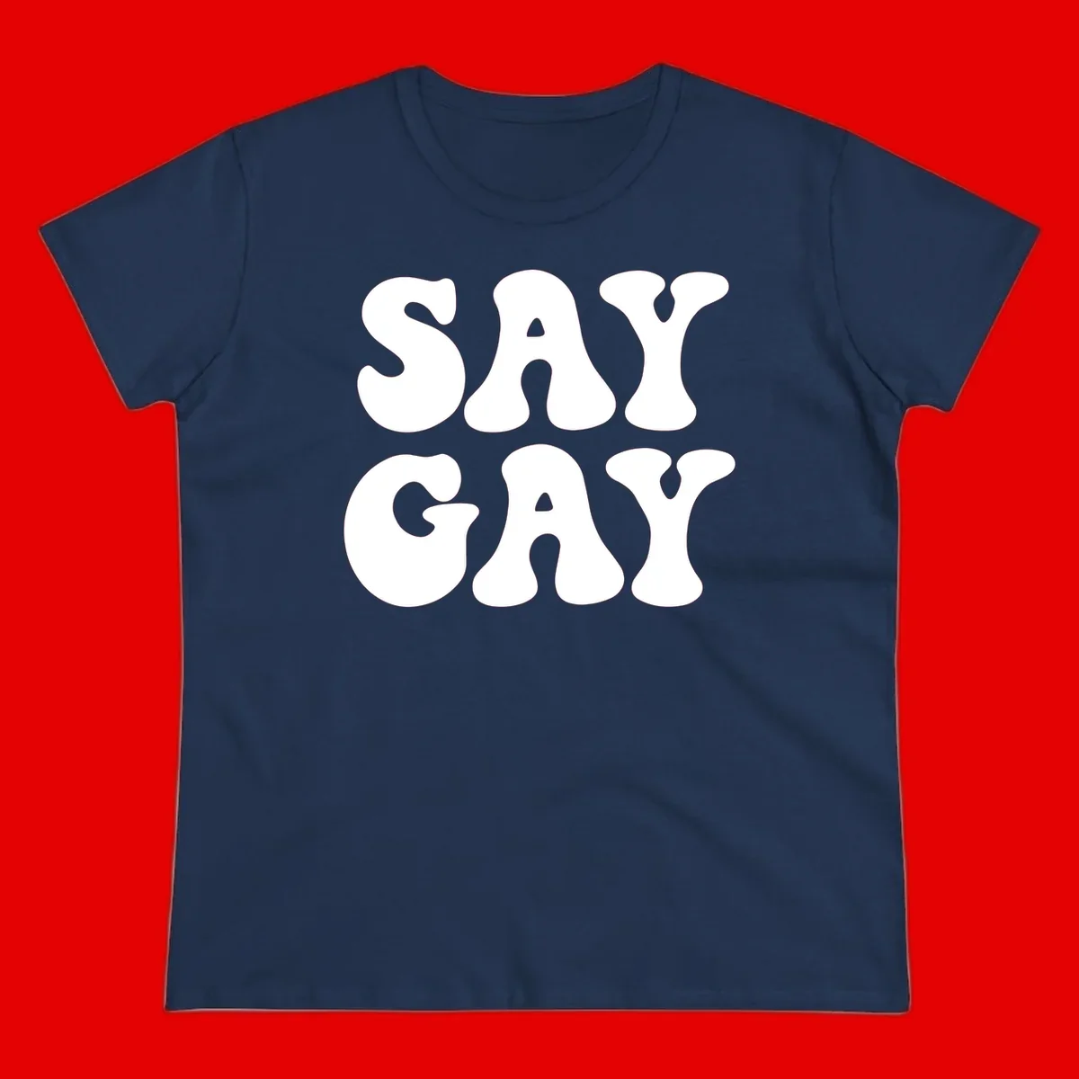 Say Gay Pride design with bold white letters featuring organic rounded typography on gray background