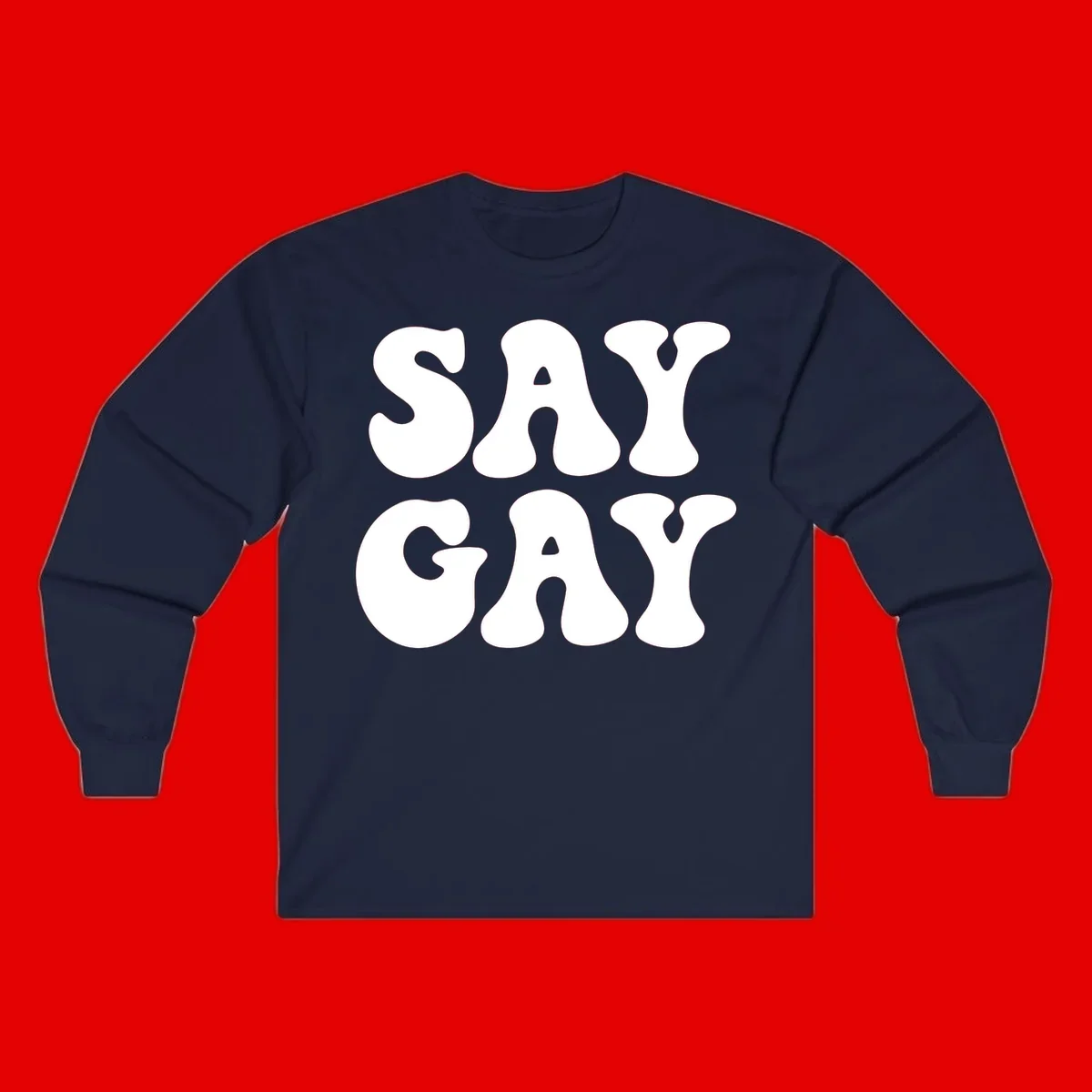 Say Gay Pride design with bold white letters featuring organic rounded typography on gray background