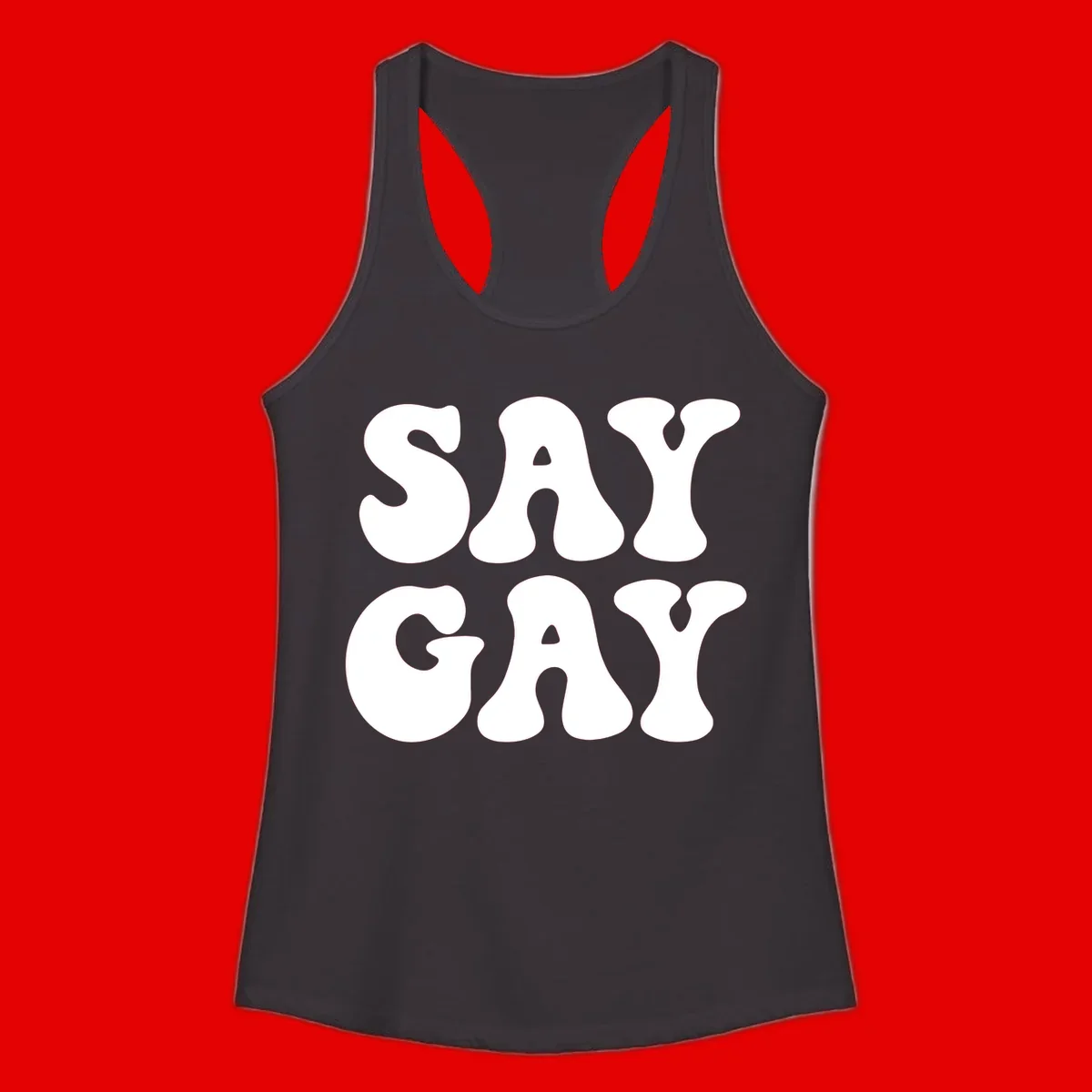 Say Gay Pride design with bold white letters featuring organic rounded typography on gray background
