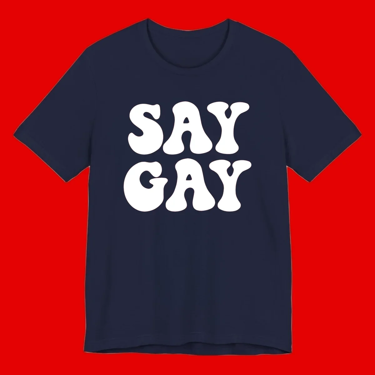 Say Gay Pride design with bold white letters featuring organic rounded typography on gray background