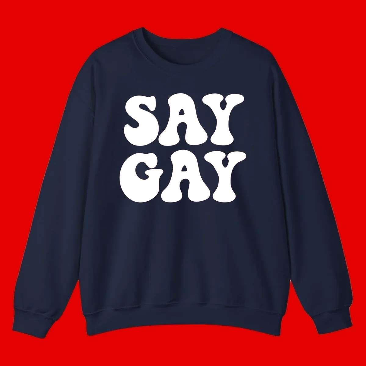 Say Gay Pride design with bold white letters featuring organic rounded typography on gray background