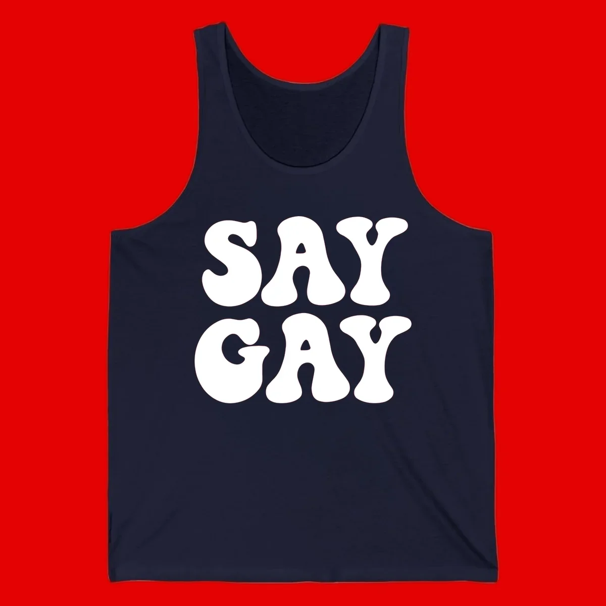 Say Gay Pride design with bold white letters featuring organic rounded typography on gray background