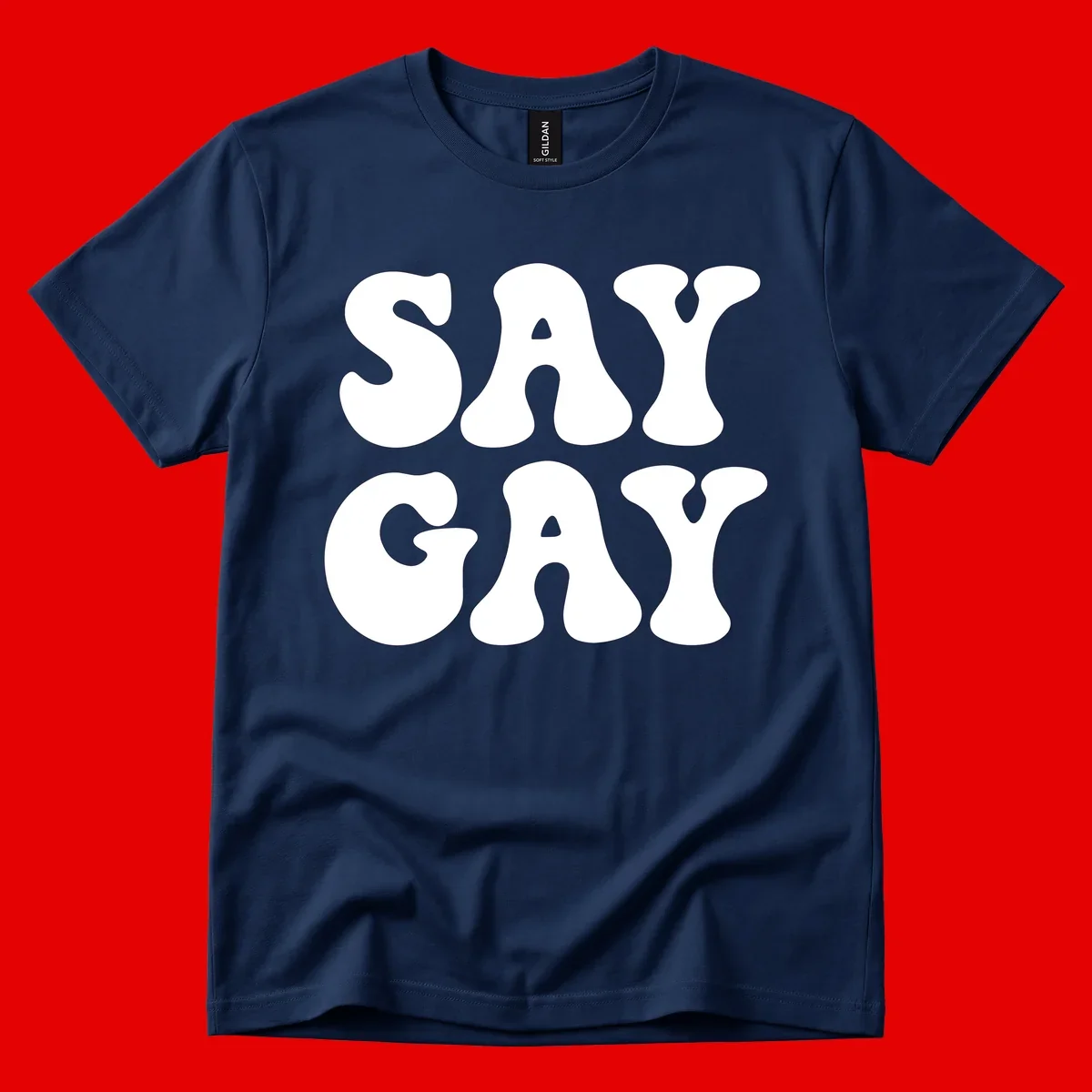Say Gay Pride design with bold white letters featuring organic rounded typography on gray background