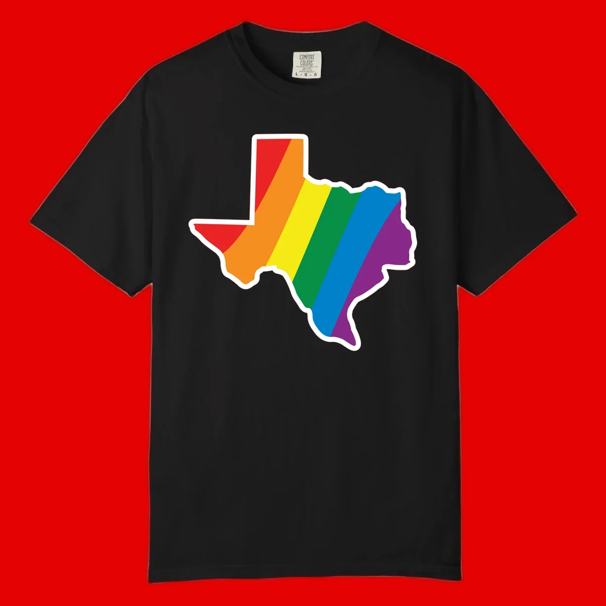 Texas state map filled with diagonal rainbow pride flag stripes in red, orange, yellow, green, blue, and purple with white border