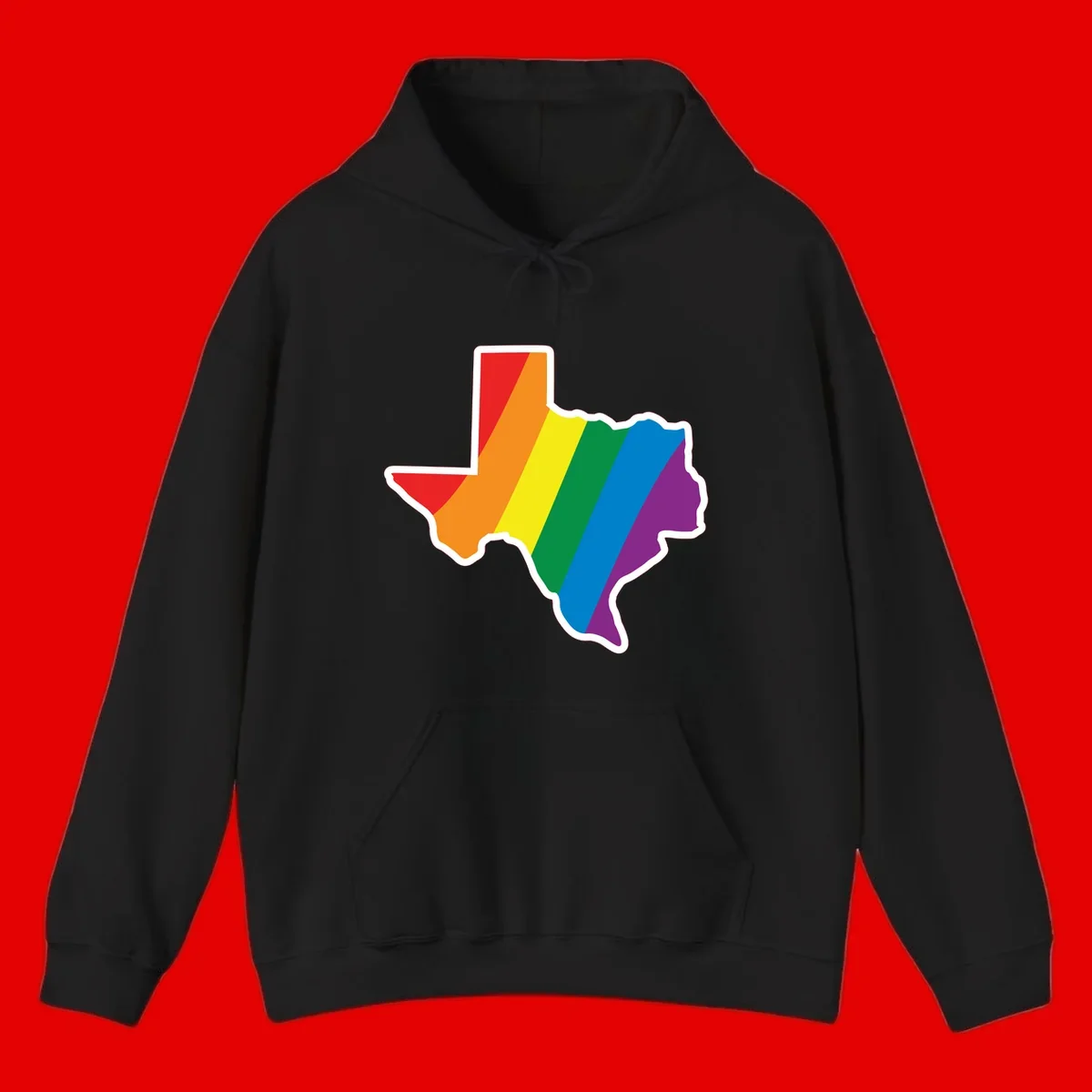 Texas state map filled with diagonal rainbow pride flag stripes in red, orange, yellow, green, blue, and purple with white border