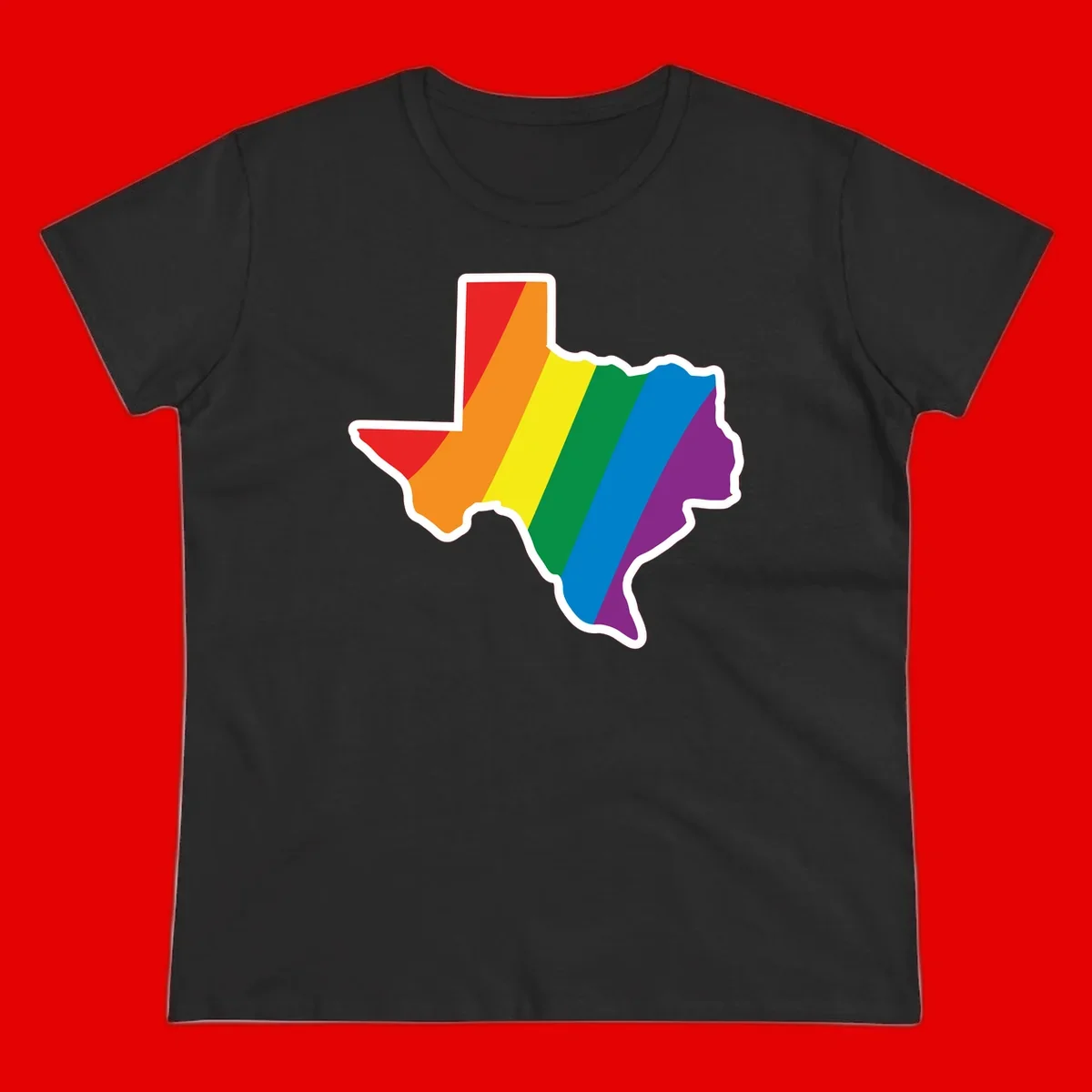 Texas state map filled with diagonal rainbow pride flag stripes in red, orange, yellow, green, blue, and purple with white border