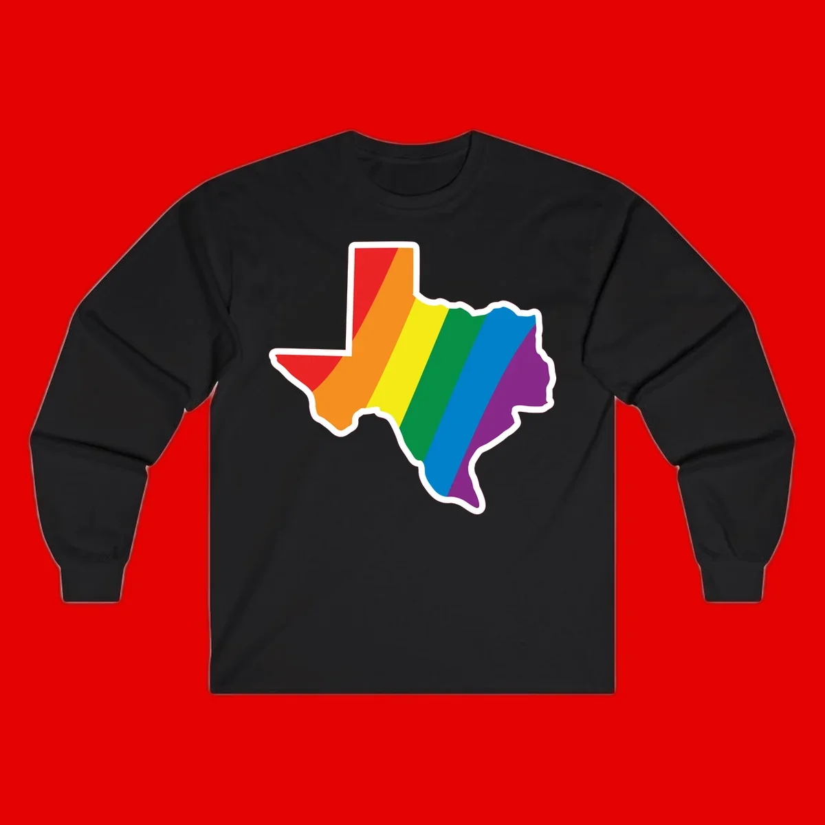 Texas state map filled with diagonal rainbow pride flag stripes in red, orange, yellow, green, blue, and purple with white border