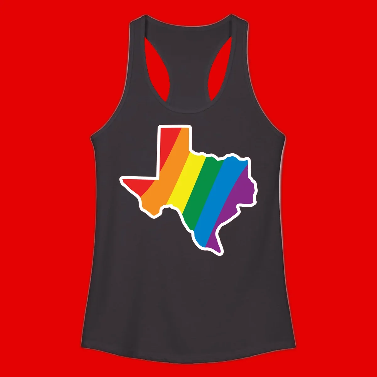 Texas state map filled with diagonal rainbow pride flag stripes in red, orange, yellow, green, blue, and purple with white border