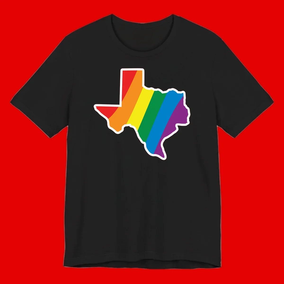 Texas state map filled with diagonal rainbow pride flag stripes in red, orange, yellow, green, blue, and purple with white border