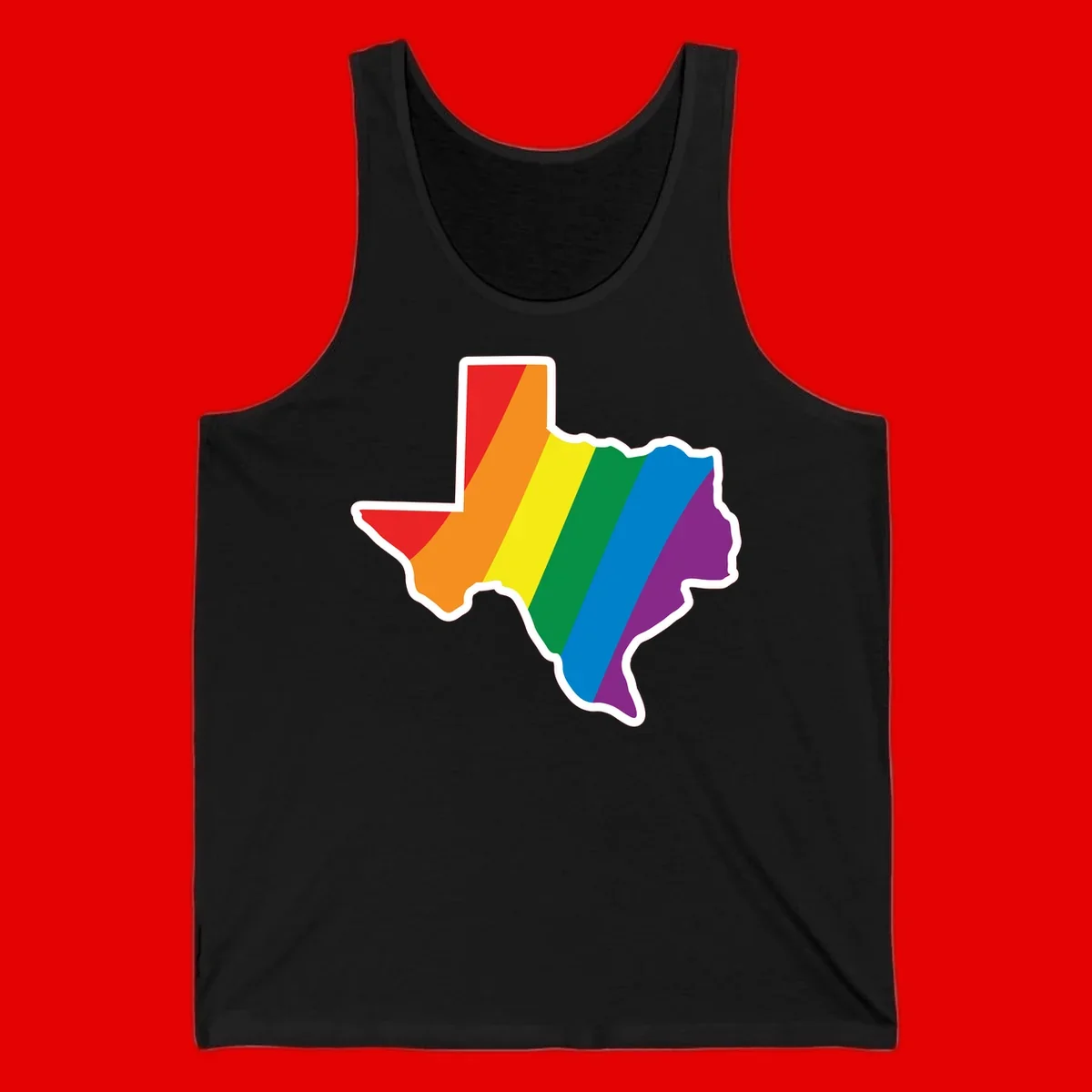 Texas state map filled with diagonal rainbow pride flag stripes in red, orange, yellow, green, blue, and purple with white border