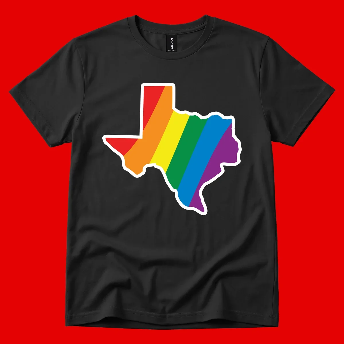Texas state map filled with diagonal rainbow pride flag stripes in red, orange, yellow, green, blue, and purple with white border