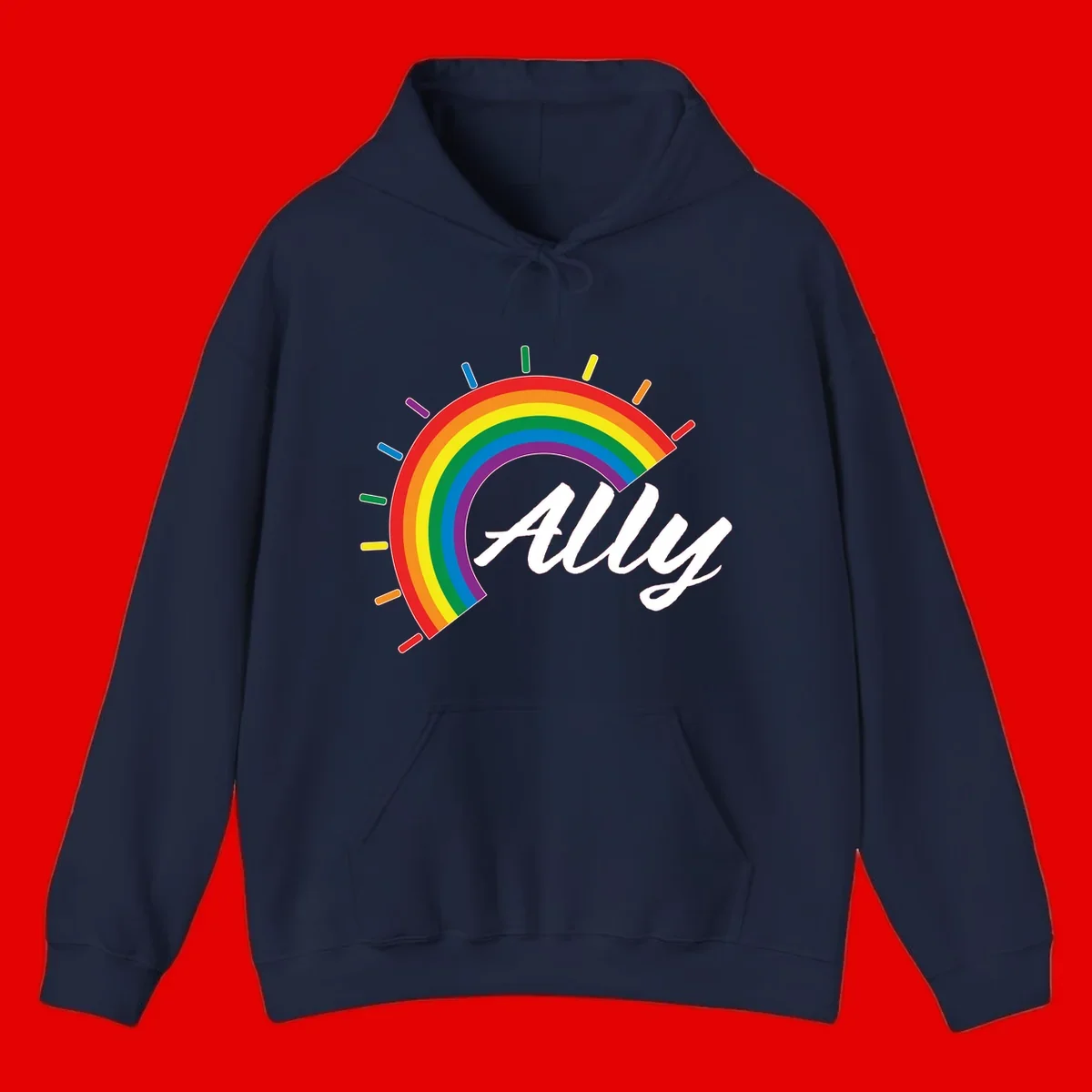 Colorful pride rainbow arc with radiating lines behind white cursive 'ally' text on gray background