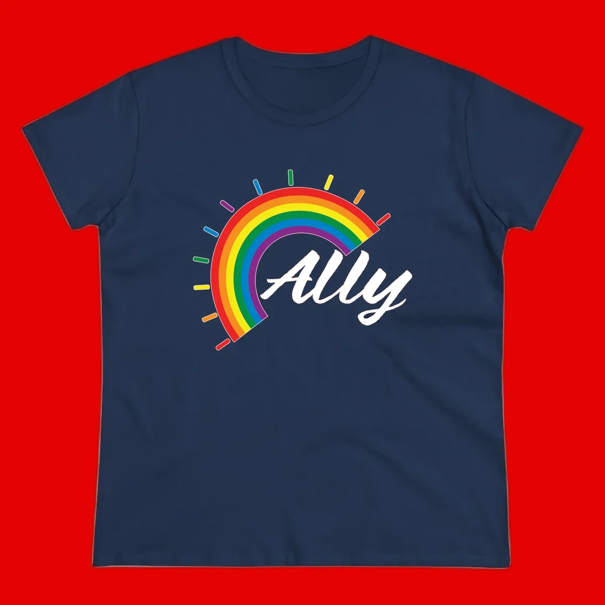 Colorful pride rainbow arc with radiating lines behind white cursive 'ally' text on gray background