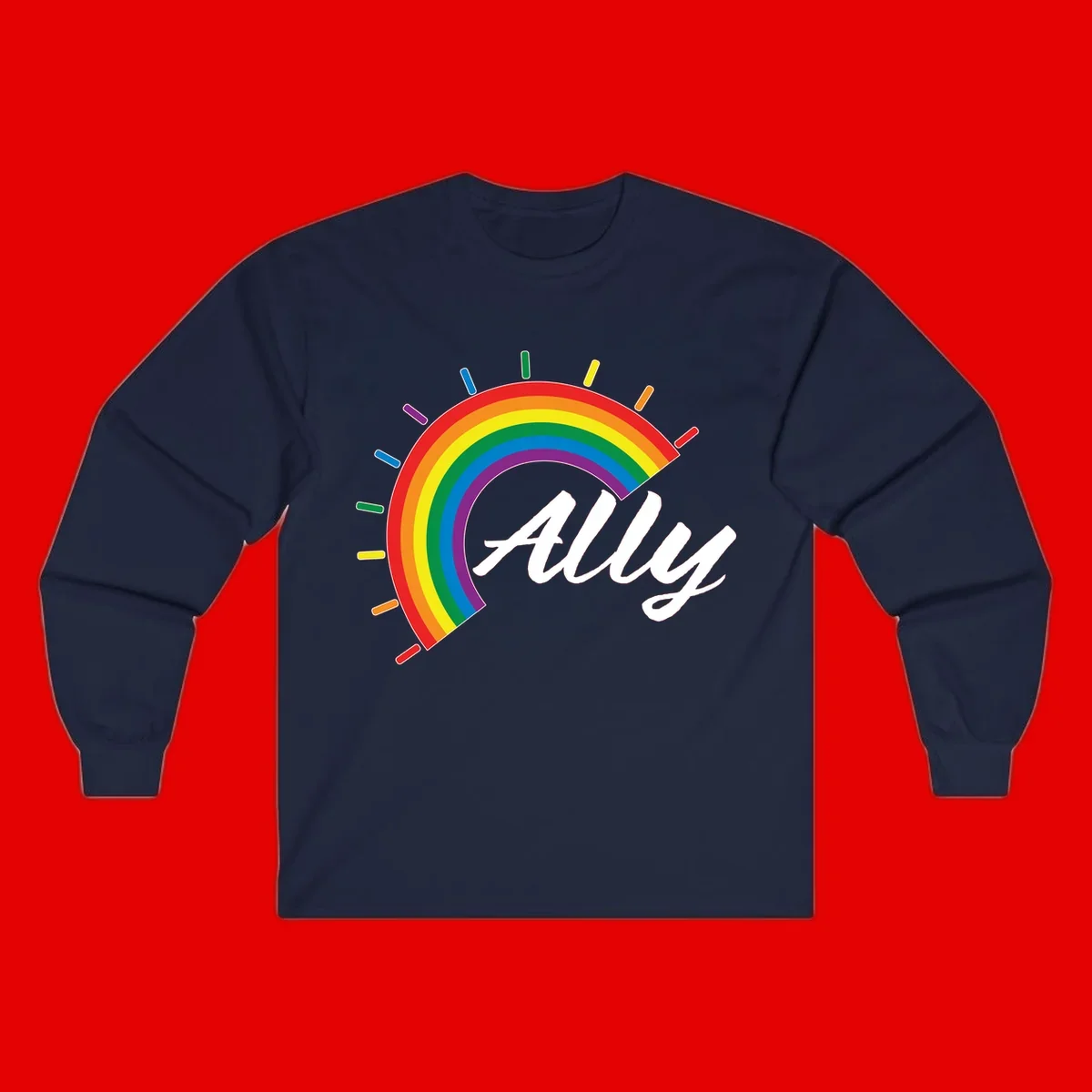 Colorful pride rainbow arc with radiating lines behind white cursive 'ally' text on gray background