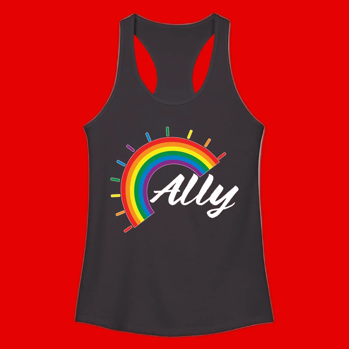 Colorful pride rainbow arc with radiating lines behind white cursive 'ally' text on gray background