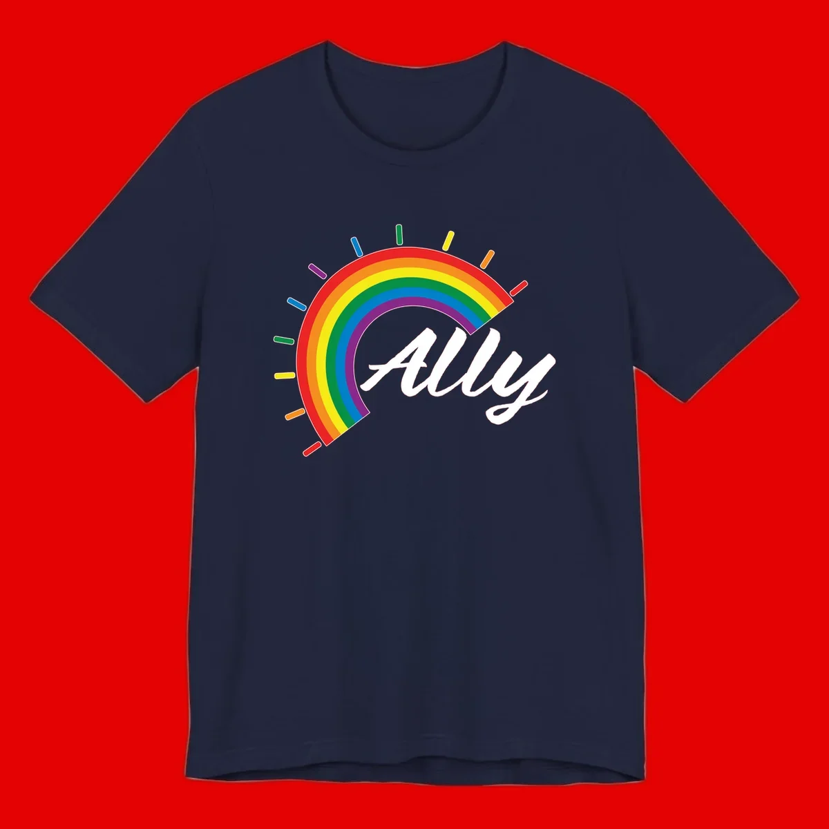 Colorful pride rainbow arc with radiating lines behind white cursive 'ally' text on gray background