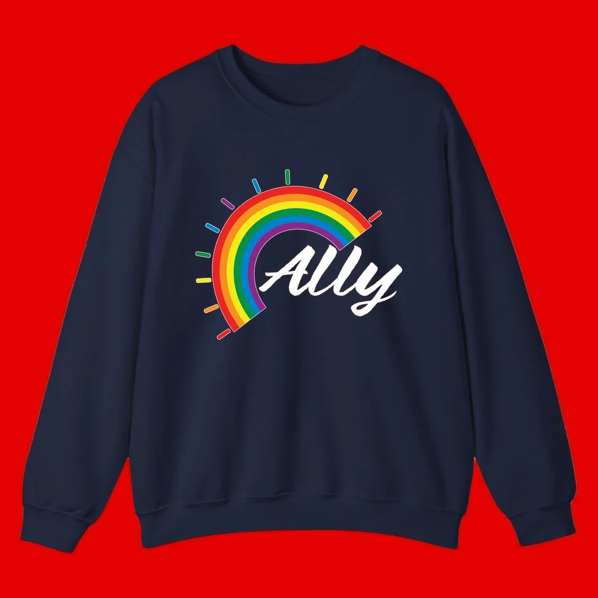 Colorful pride rainbow arc with radiating lines behind white cursive 'ally' text on gray background