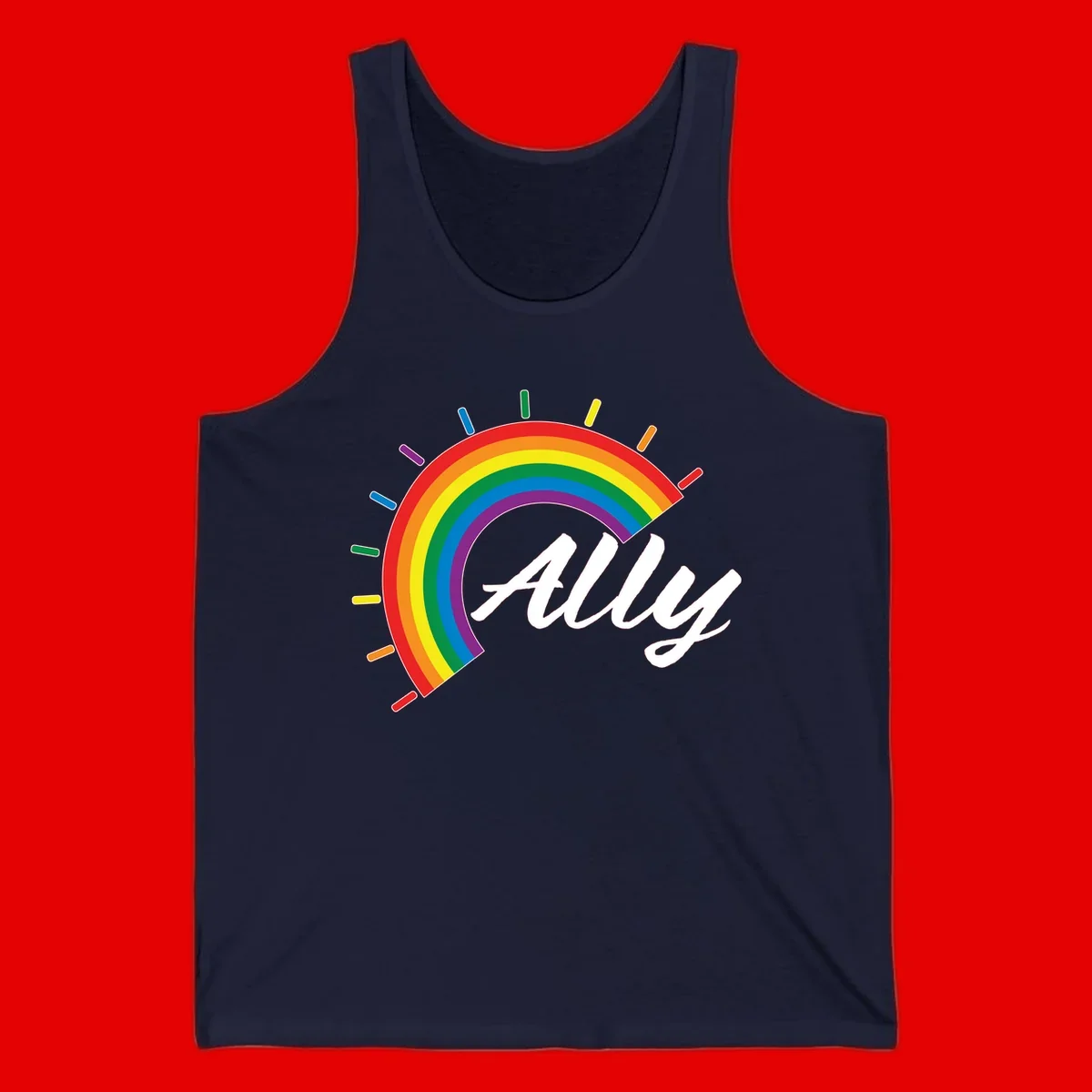 Colorful pride rainbow arc with radiating lines behind white cursive 'ally' text on gray background