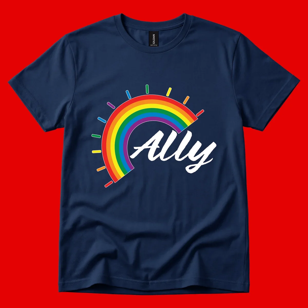 Colorful pride rainbow arc with radiating lines behind white cursive 'ally' text on gray background