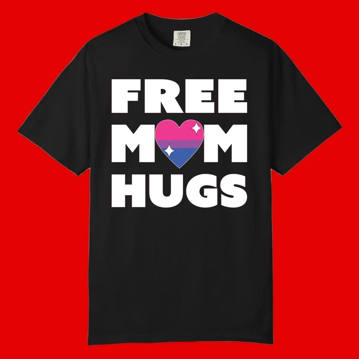 Free Mom Hugs design with bisexual pride flag heart and white sparkles on gray background