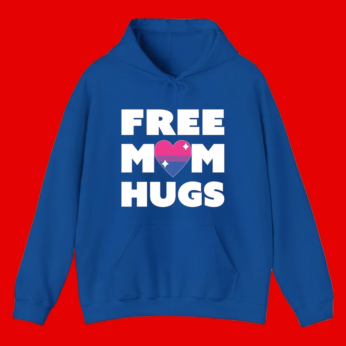 Free Mom Hugs design with bisexual pride flag heart and white sparkles on gray background