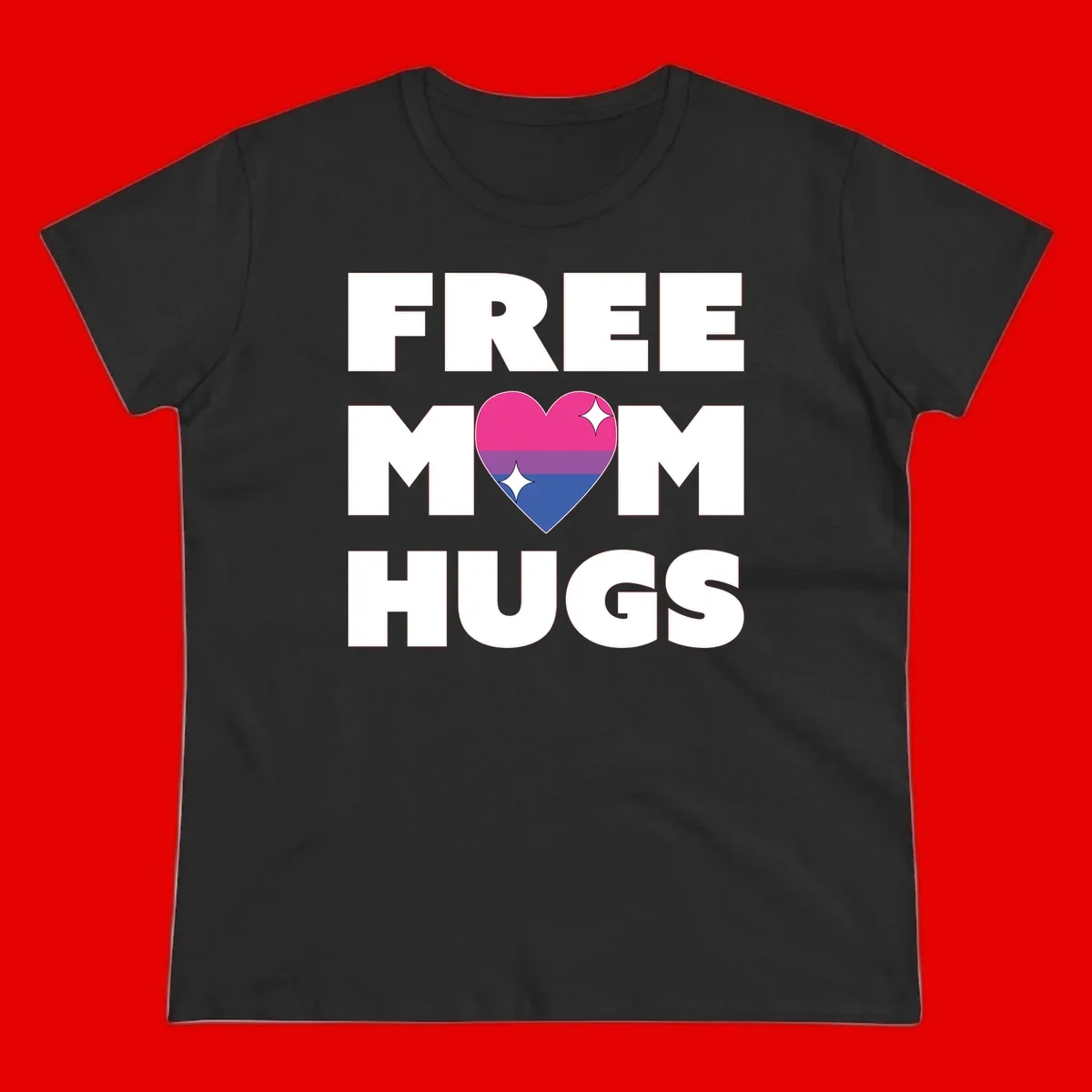 Free Mom Hugs design with bisexual pride flag heart and white sparkles on gray background