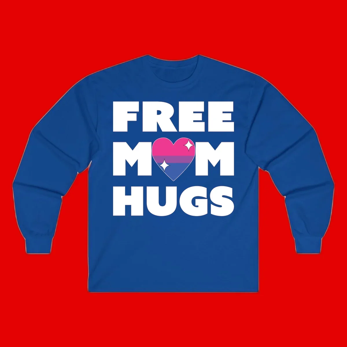 Free Mom Hugs design with bisexual pride flag heart and white sparkles on gray background