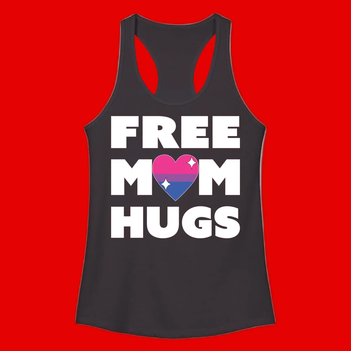 Free Mom Hugs design with bisexual pride flag heart and white sparkles on gray background