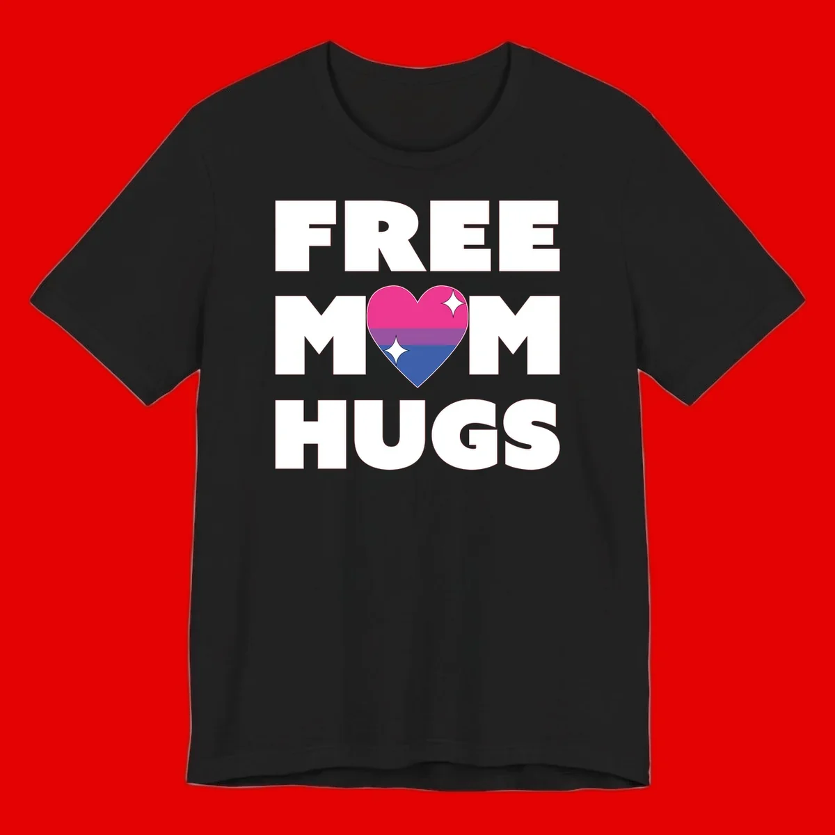 Free Mom Hugs design with bisexual pride flag heart and white sparkles on gray background