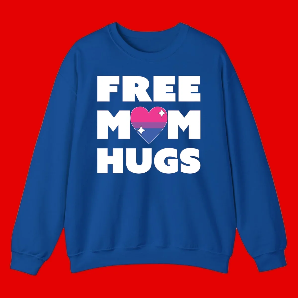 Free Mom Hugs design with bisexual pride flag heart and white sparkles on gray background