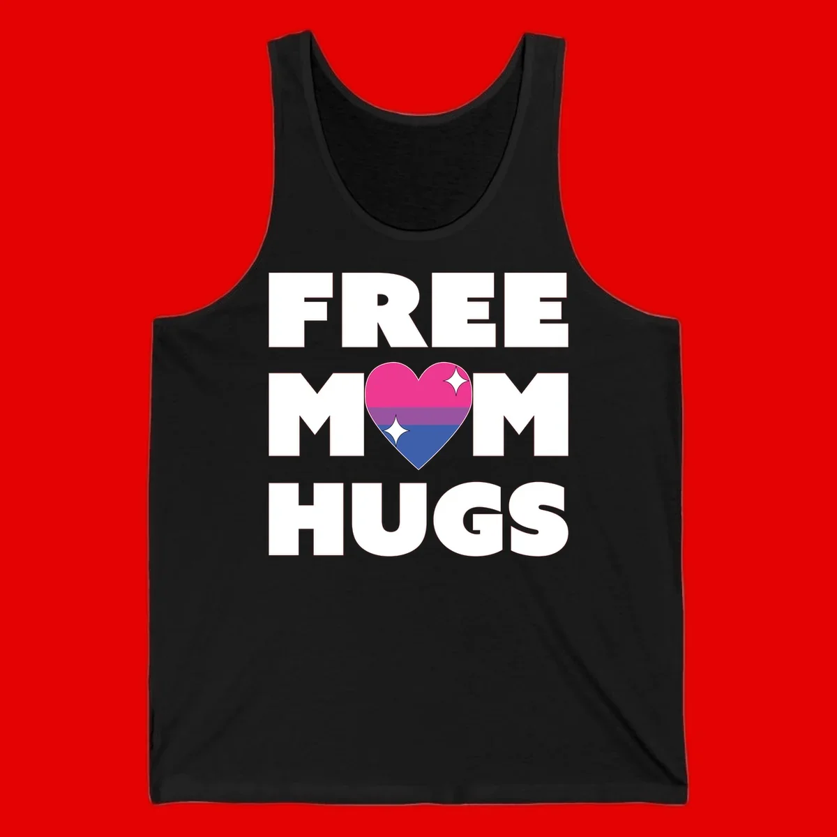 Free Mom Hugs design with bisexual pride flag heart and white sparkles on gray background