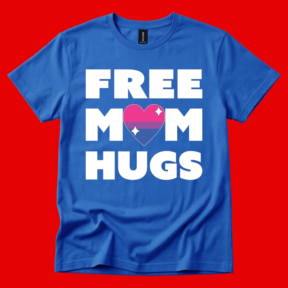 Free Mom Hugs design with bisexual pride flag heart and white sparkles on gray background
