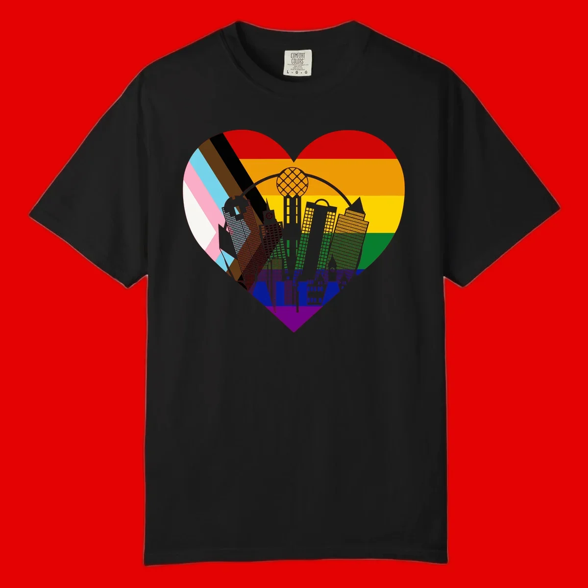 Heart-shaped design with rainbow pride flag and gray city skyline featuring skyscrapers and urban architecture