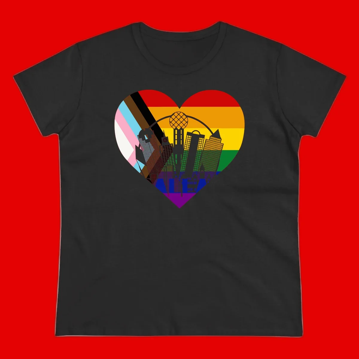 Heart-shaped design with rainbow pride flag and gray city skyline featuring skyscrapers and urban architecture