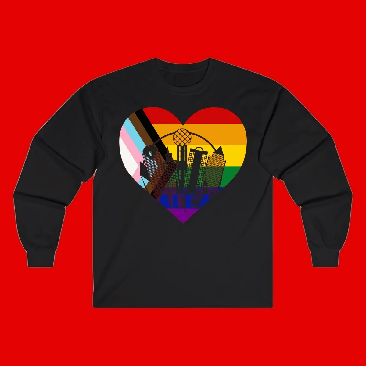 Heart-shaped design with rainbow pride flag and gray city skyline featuring skyscrapers and urban architecture