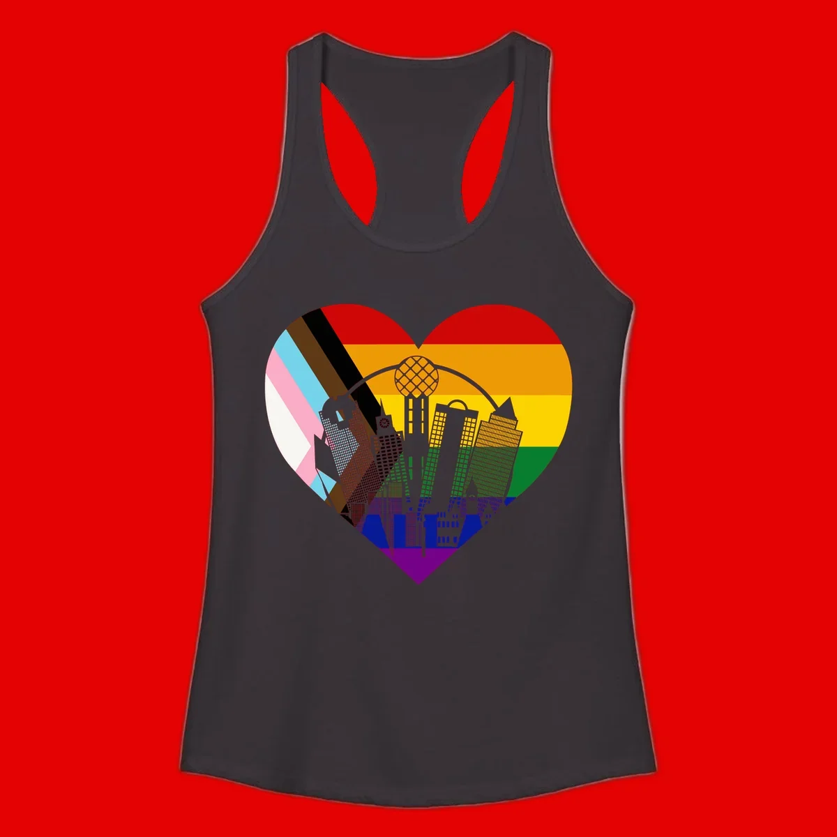 Heart-shaped design with rainbow pride flag and gray city skyline featuring skyscrapers and urban architecture