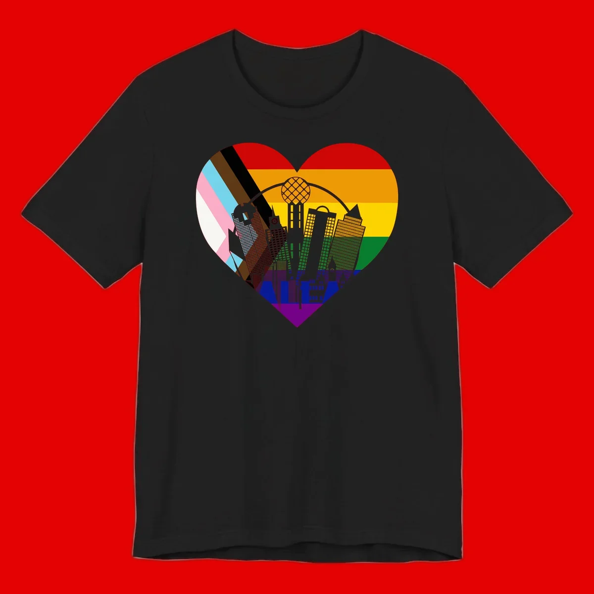 Heart-shaped design with rainbow pride flag and gray city skyline featuring skyscrapers and urban architecture