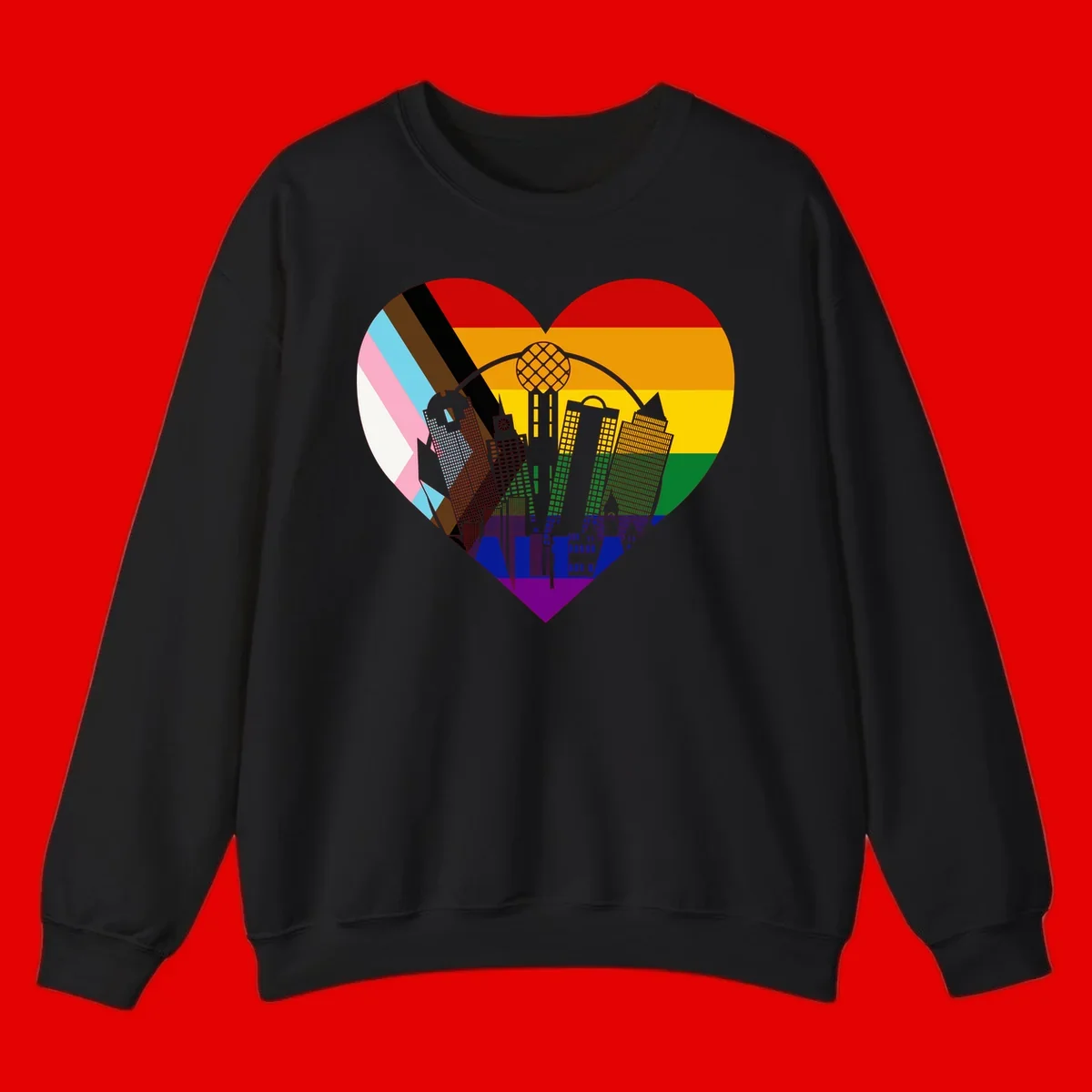 Heart-shaped design with rainbow pride flag and gray city skyline featuring skyscrapers and urban architecture