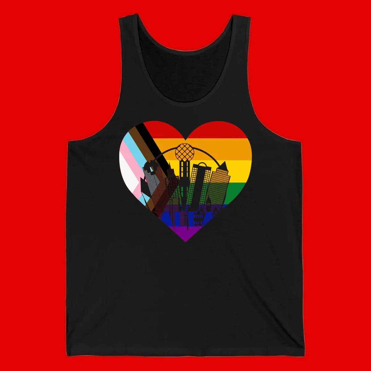 Heart-shaped design with rainbow pride flag and gray city skyline featuring skyscrapers and urban architecture