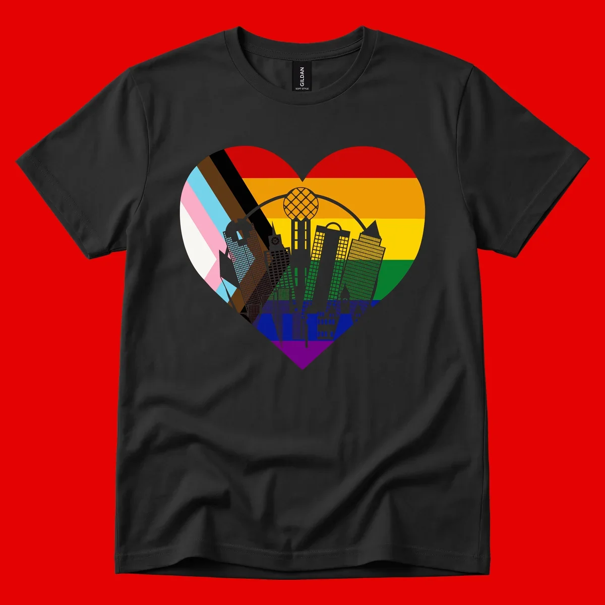 Heart-shaped design with rainbow pride flag and gray city skyline featuring skyscrapers and urban architecture