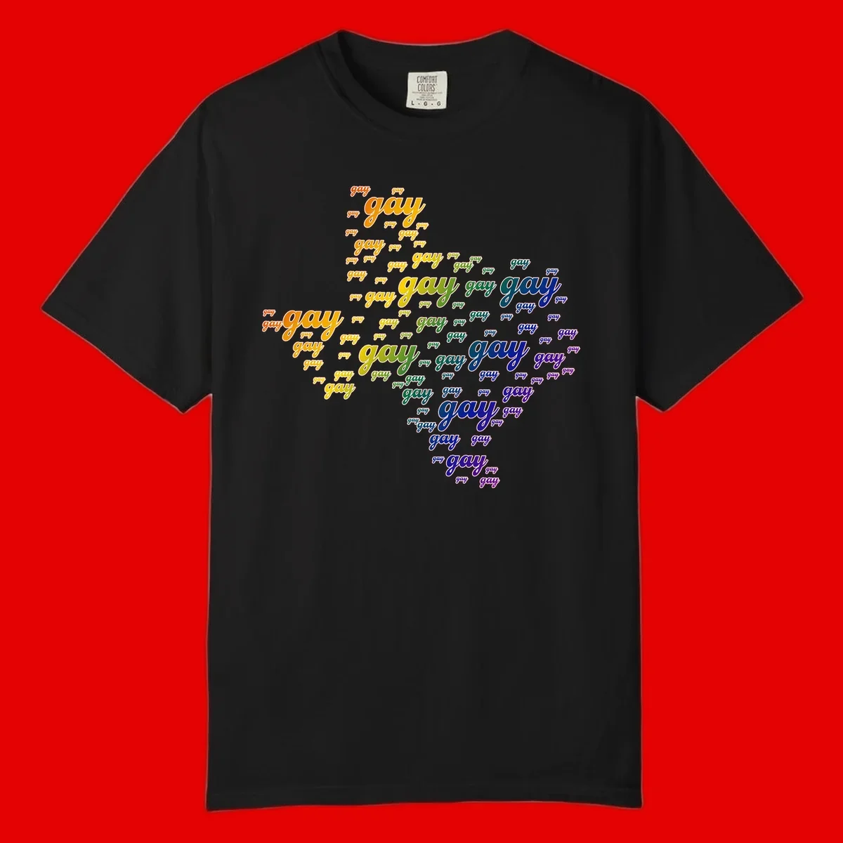 Gay pride word cloud design with 'gay' text repeated in rainbow gradient colors from orange to purple, arranged in a map-like shape