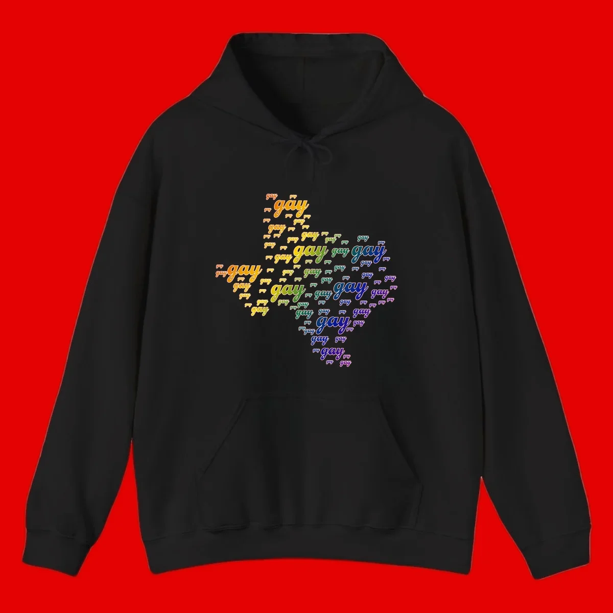 Gay pride word cloud design with 'gay' text repeated in rainbow gradient colors from orange to purple, arranged in a map-like shape