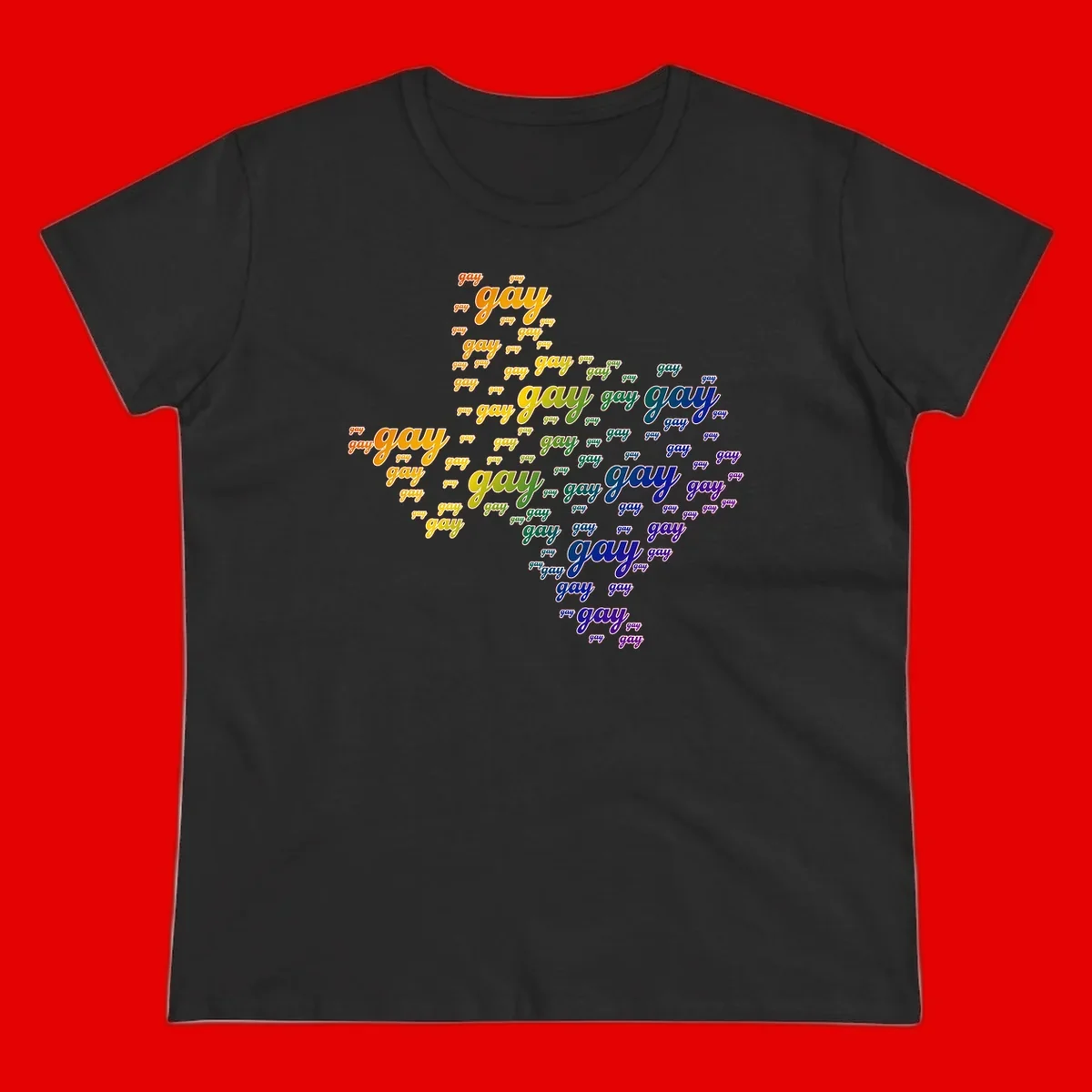 Gay pride word cloud design with 'gay' text repeated in rainbow gradient colors from orange to purple, arranged in a map-like shape