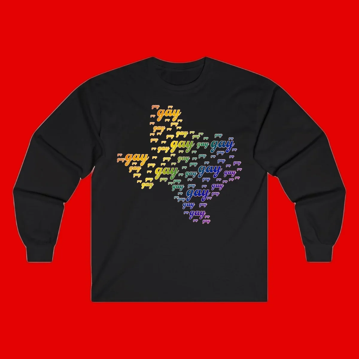 Gay pride word cloud design with 'gay' text repeated in rainbow gradient colors from orange to purple, arranged in a map-like shape