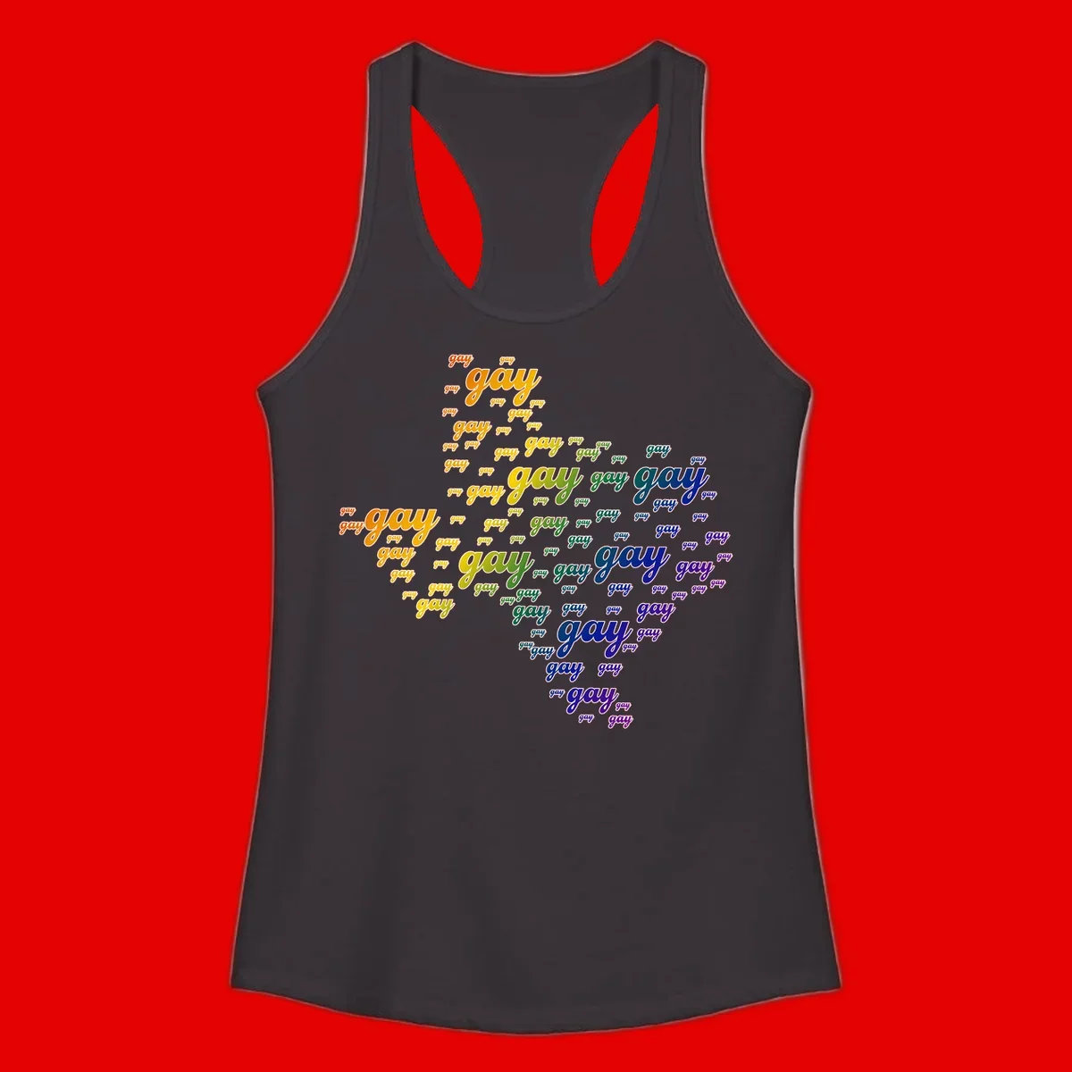 Gay pride word cloud design with 'gay' text repeated in rainbow gradient colors from orange to purple, arranged in a map-like shape
