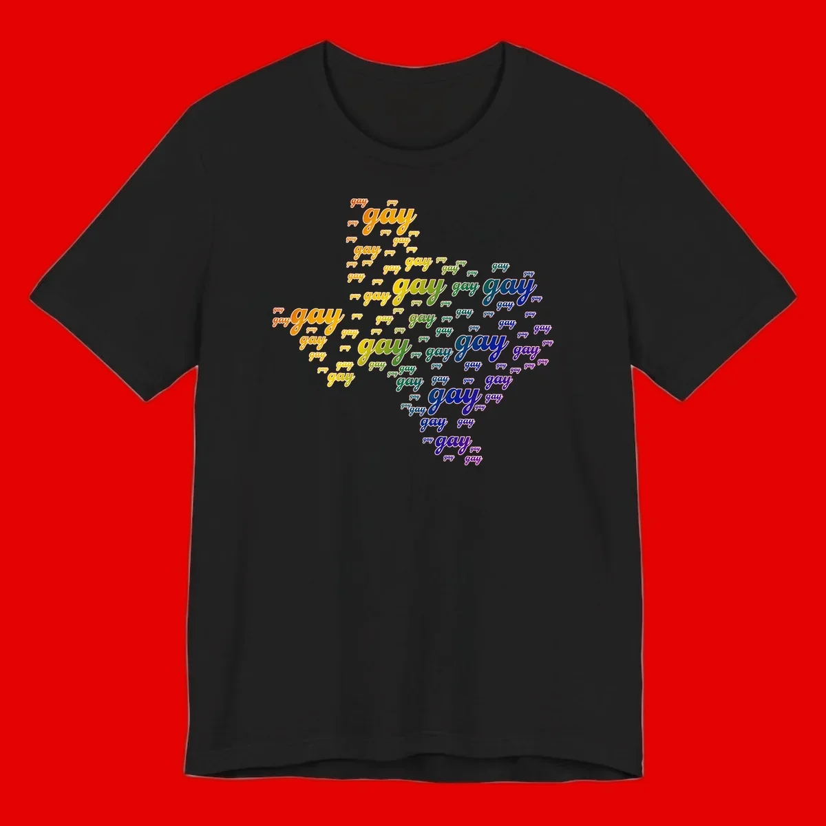 Gay pride word cloud design with 'gay' text repeated in rainbow gradient colors from orange to purple, arranged in a map-like shape